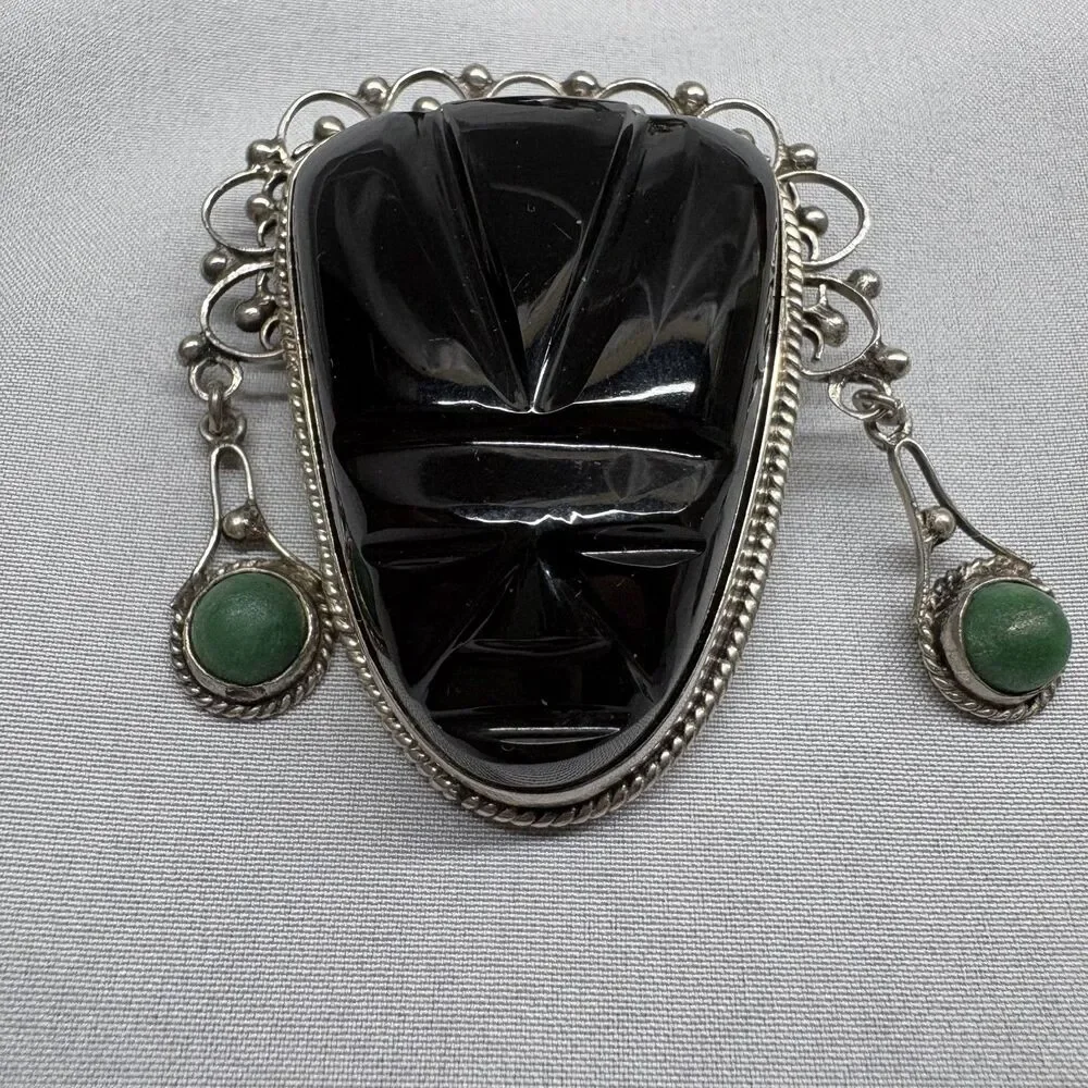 Vintage Mexico Sterling Silver Black Onyx Carved Mask Brooch and Earring Set MCM